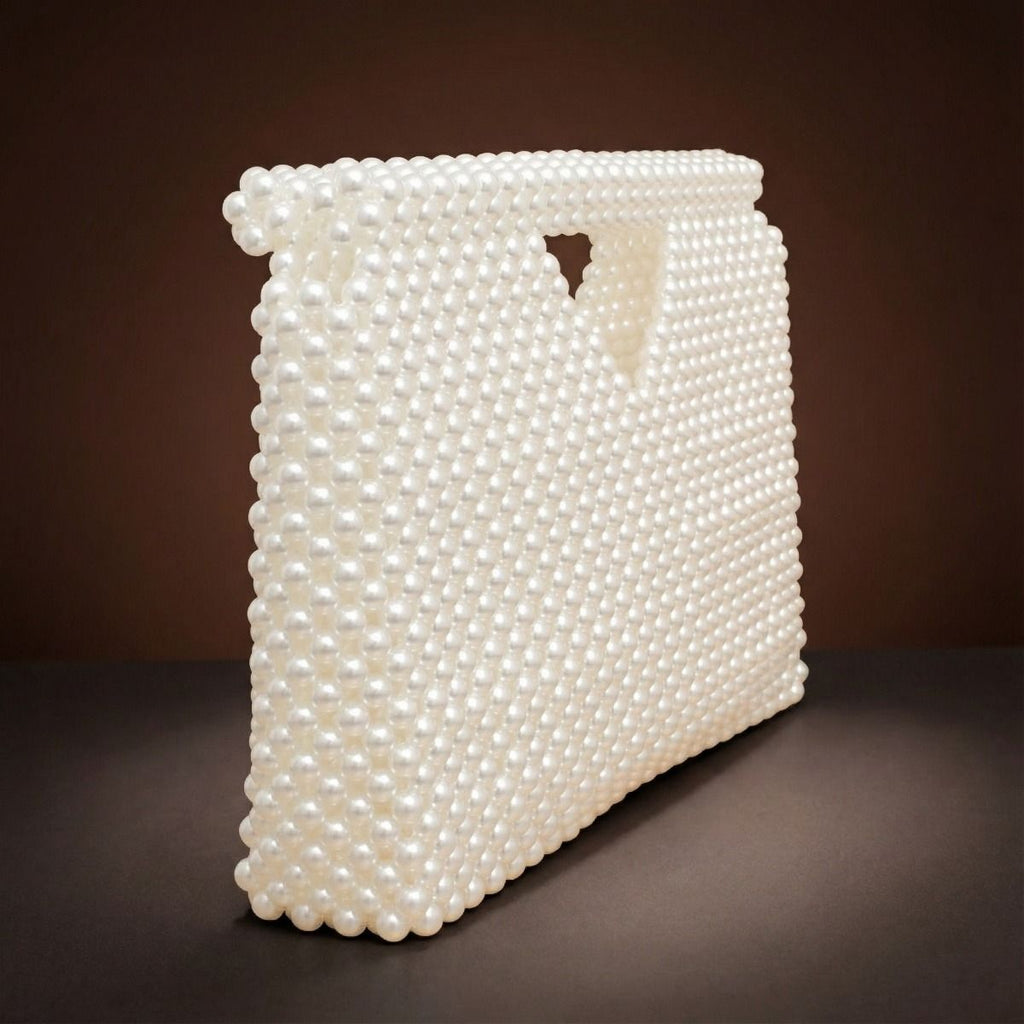 Fashion Handbag Cream Pearl Clutch Open Top Handmade Stylish Bag