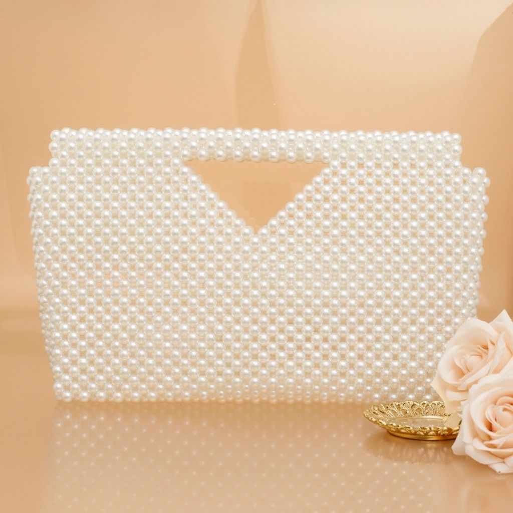 Fashion Handbag Cream Pearl Clutch Open Top Handmade Stylish Bag