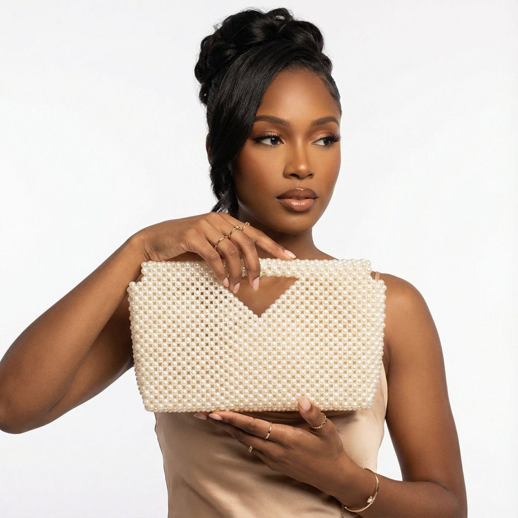 Fashion Handbag Cream Pearl Clutch Open Top Handmade Stylish Bag