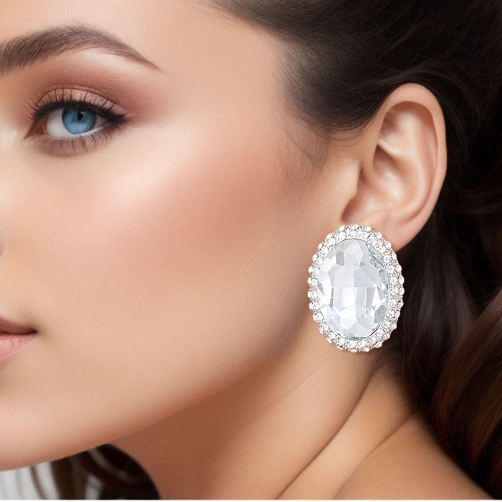 Oval Silver Halo Stud Earrings Stylish Chic Jewelry Accessory