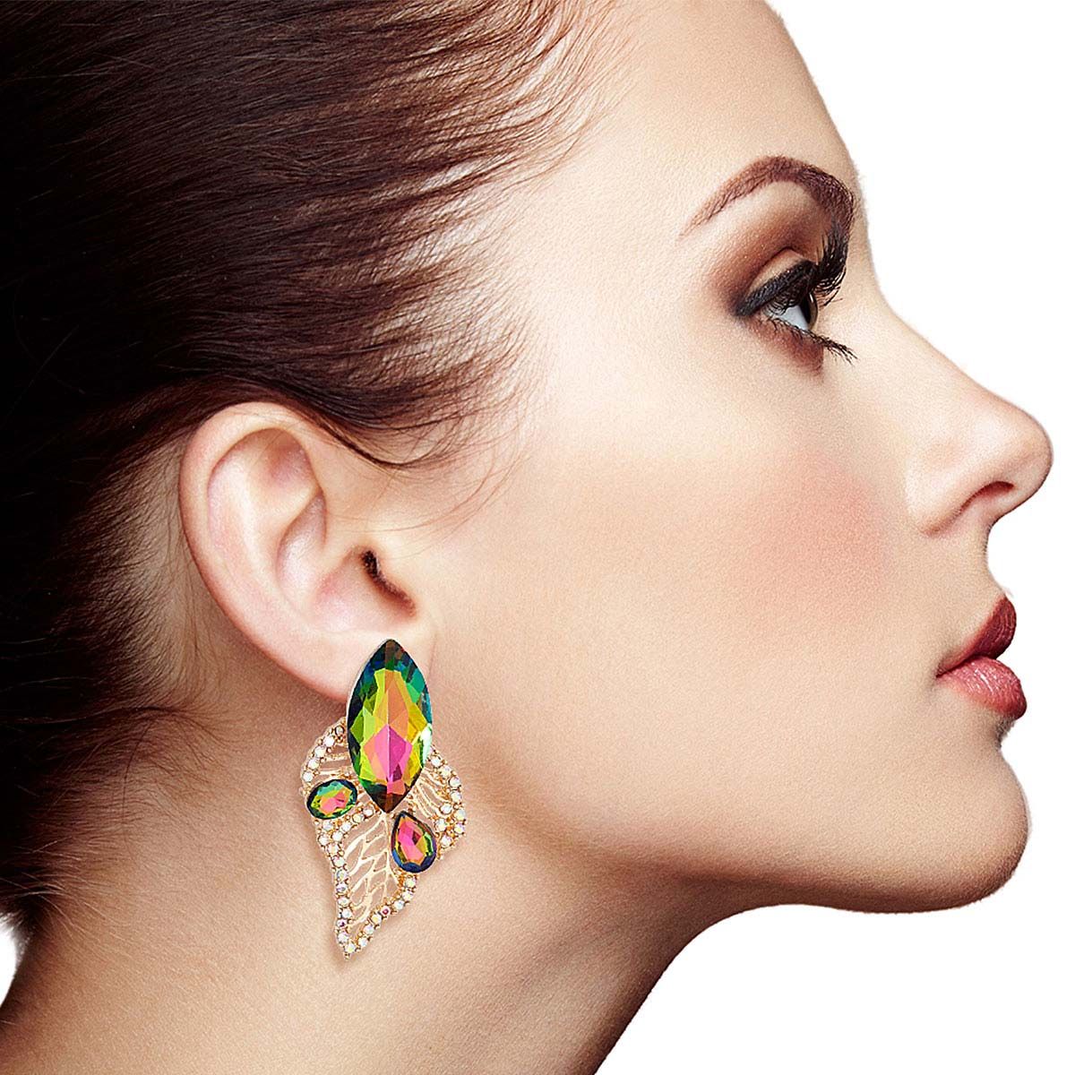 Gold Stud Earrings with Elegant Pink and Green Leaf Design, Stylish Fashion Jewelry
