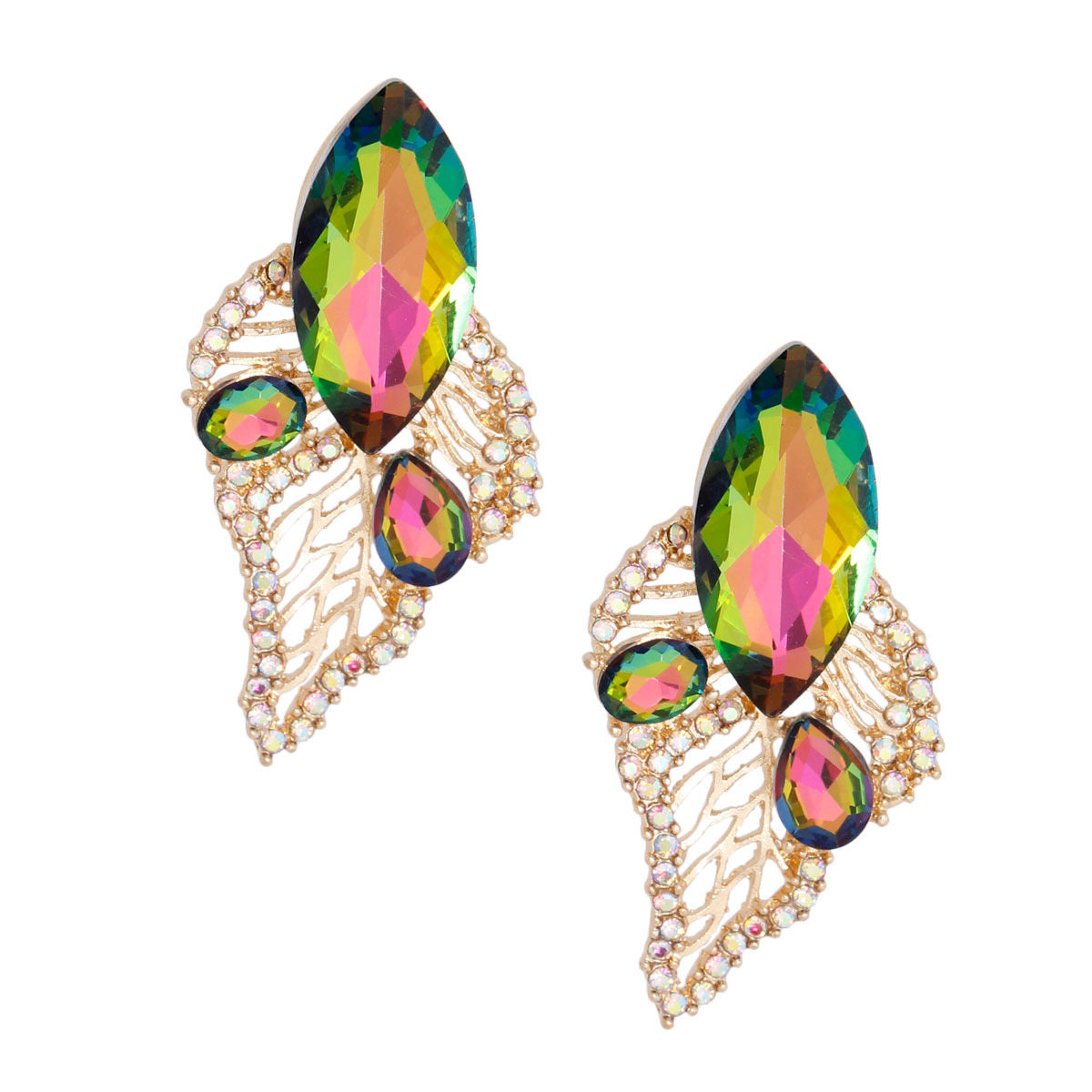 Gold Stud Earrings with Elegant Pink and Green Leaf Design, Stylish Fashion Jewelry