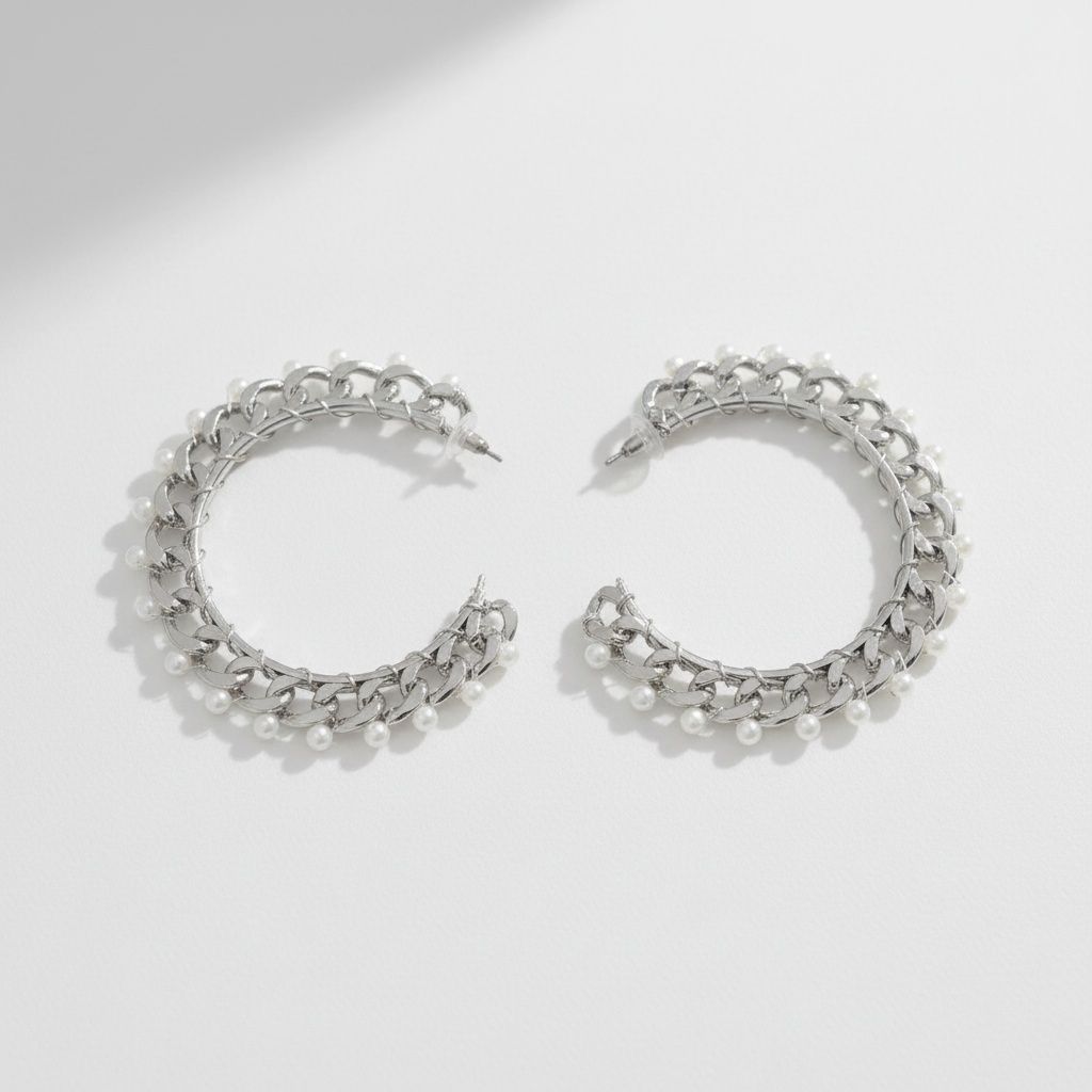 Open Hoop Earrings with Silver Chain and White Pearl – Stylish Statement Jewelry