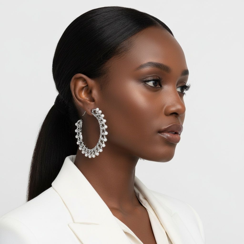 Open Hoop Earrings with Silver Chain and White Pearl – Stylish Statement Jewelry