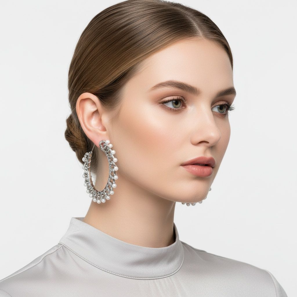 Open Hoop Earrings with Silver Chain and White Pearl – Stylish Statement Jewelry
