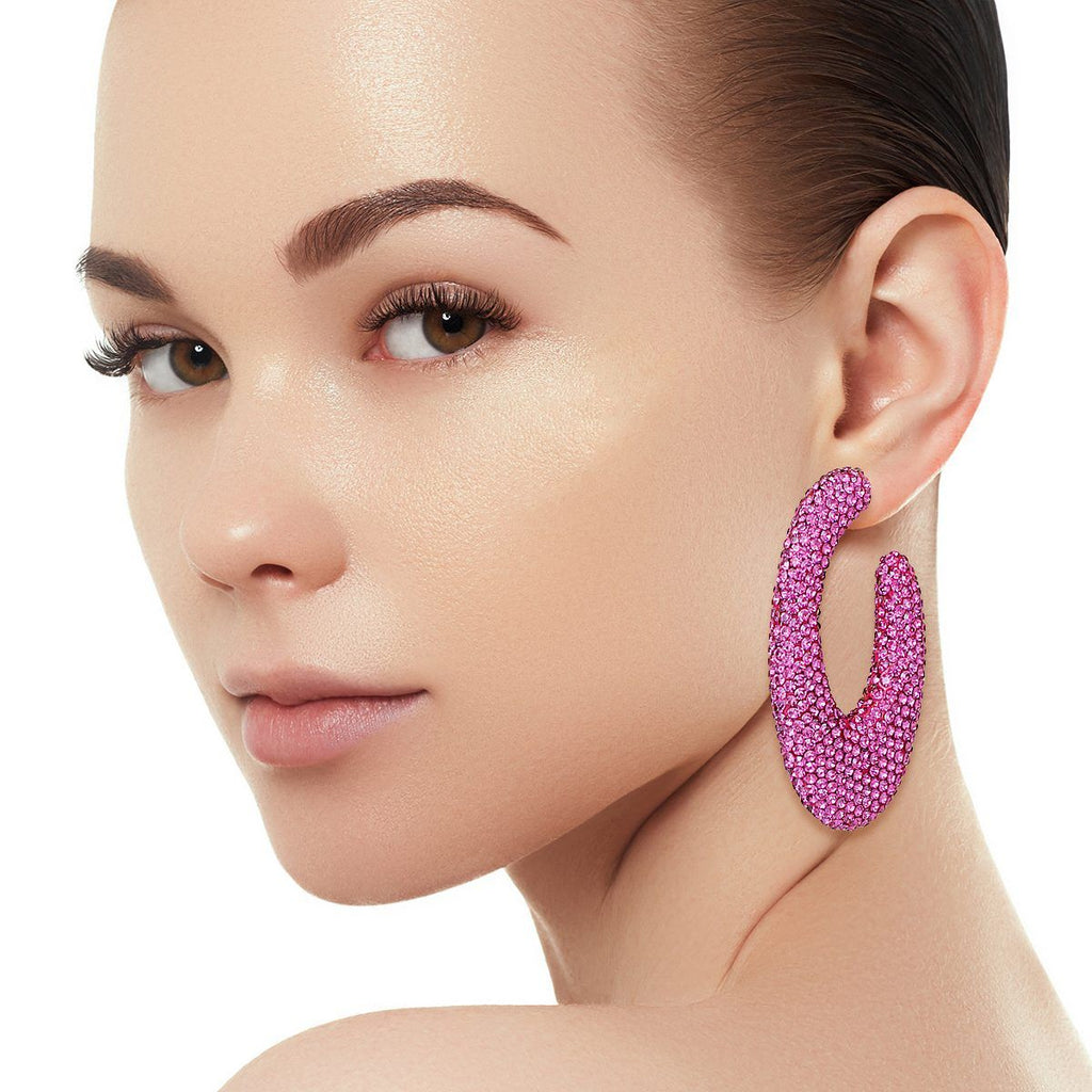 Statement Open Hoop Earrings Teardrop Dark Fuchsia Stone Crusted Stylish Hoops