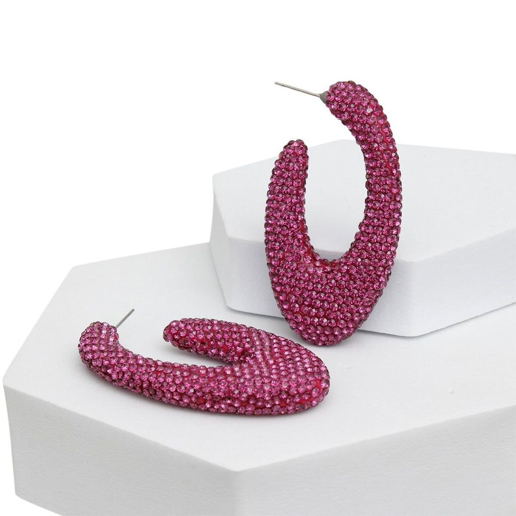 Statement Open Hoop Earrings Teardrop Dark Fuchsia Stone Crusted Stylish Hoops