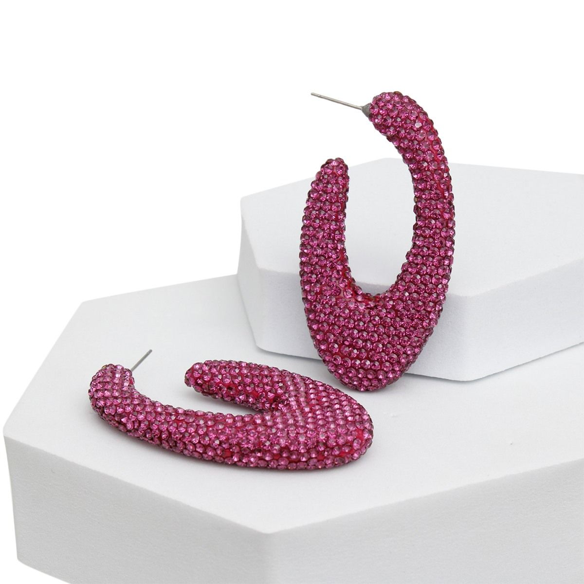 Statement Open Hoop Earrings Teardrop Dark Fuchsia Stone Crusted Stylish Hoops