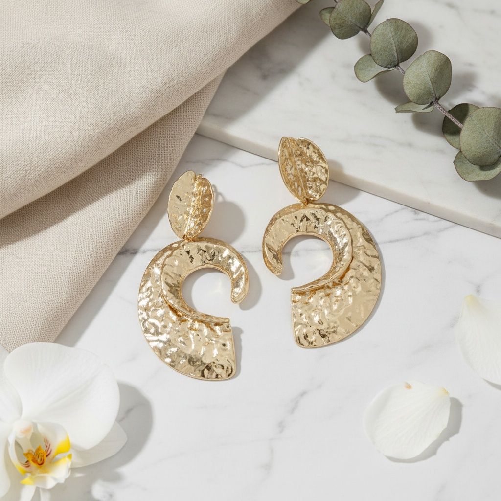 Large Clip-On Gold Melted Metal Statement Earrings Stylish Open C Design
