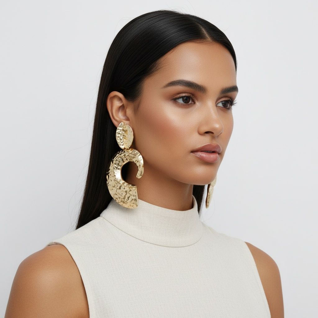 Large Clip-On Gold Melted Metal Statement Earrings Stylish Open C Design