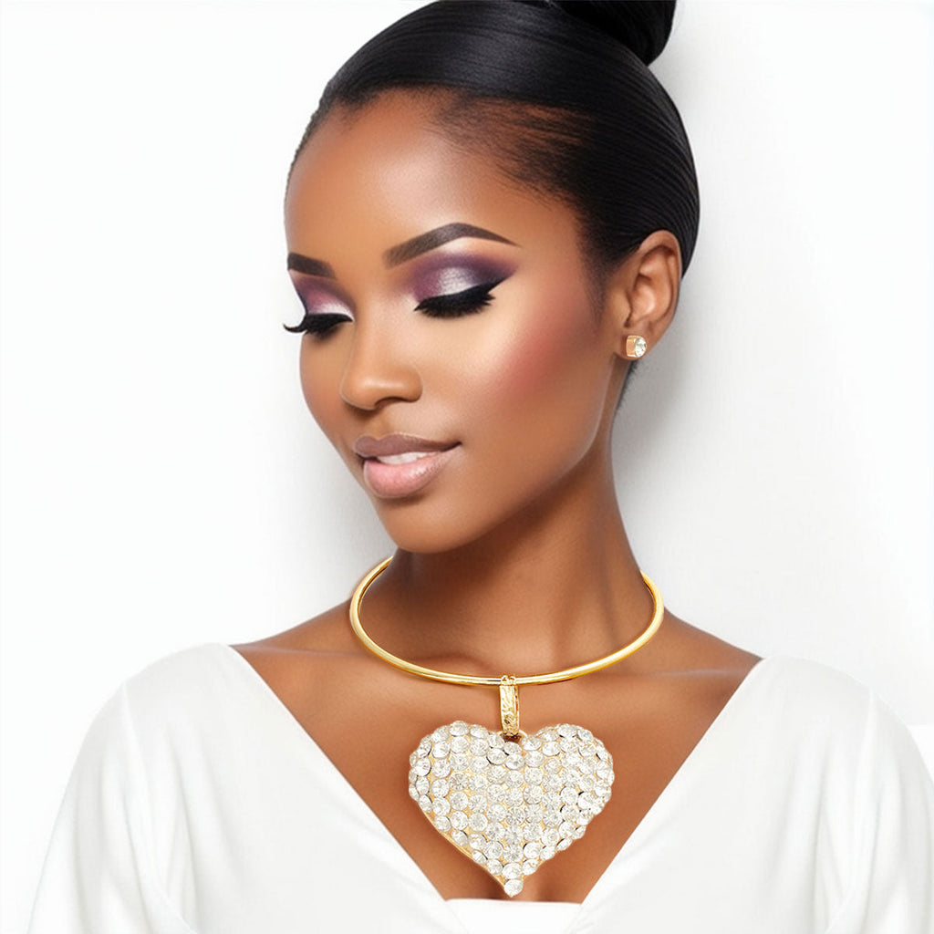 Rigid Collar Necklace XL with Gold Finish and Rhinestone Heart – Statement Jewelry Accessory