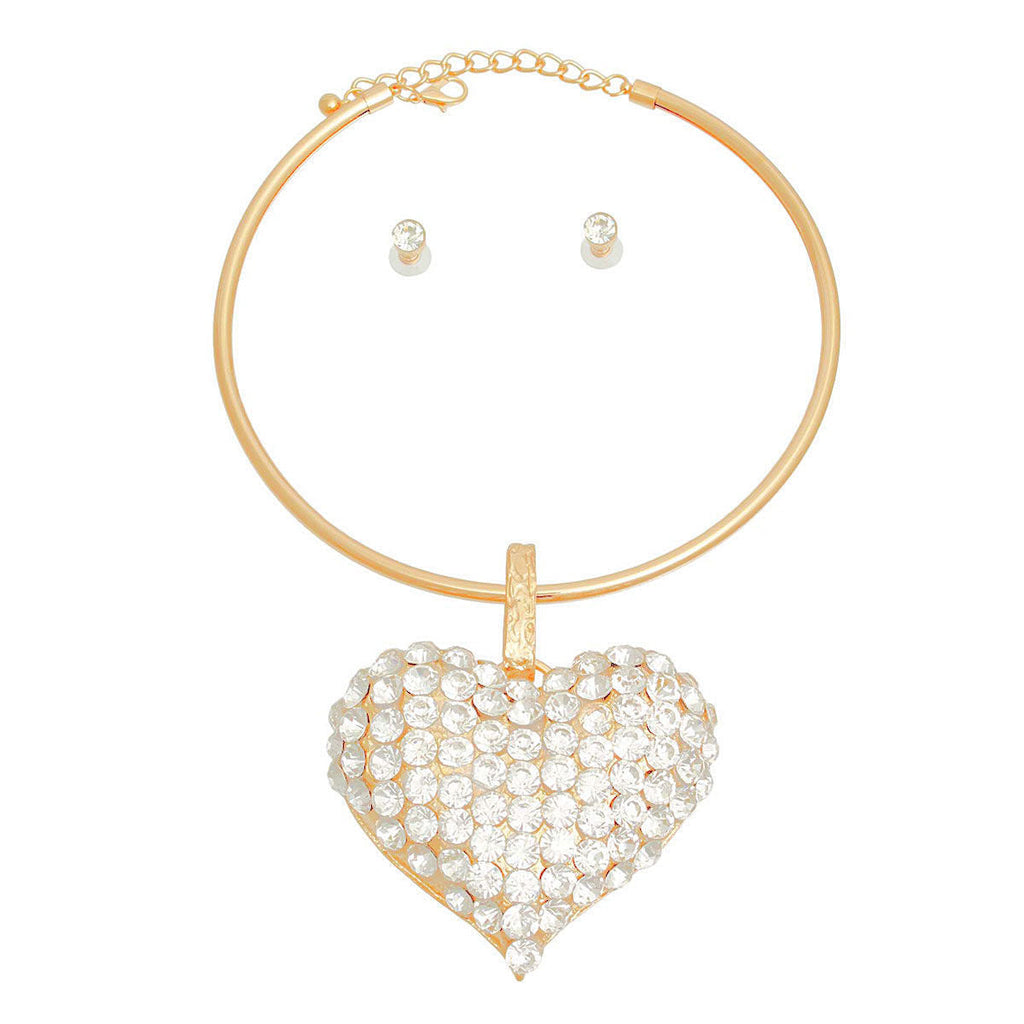 Rigid Collar Necklace XL with Gold Finish and Rhinestone Heart – Statement Jewelry Accessory