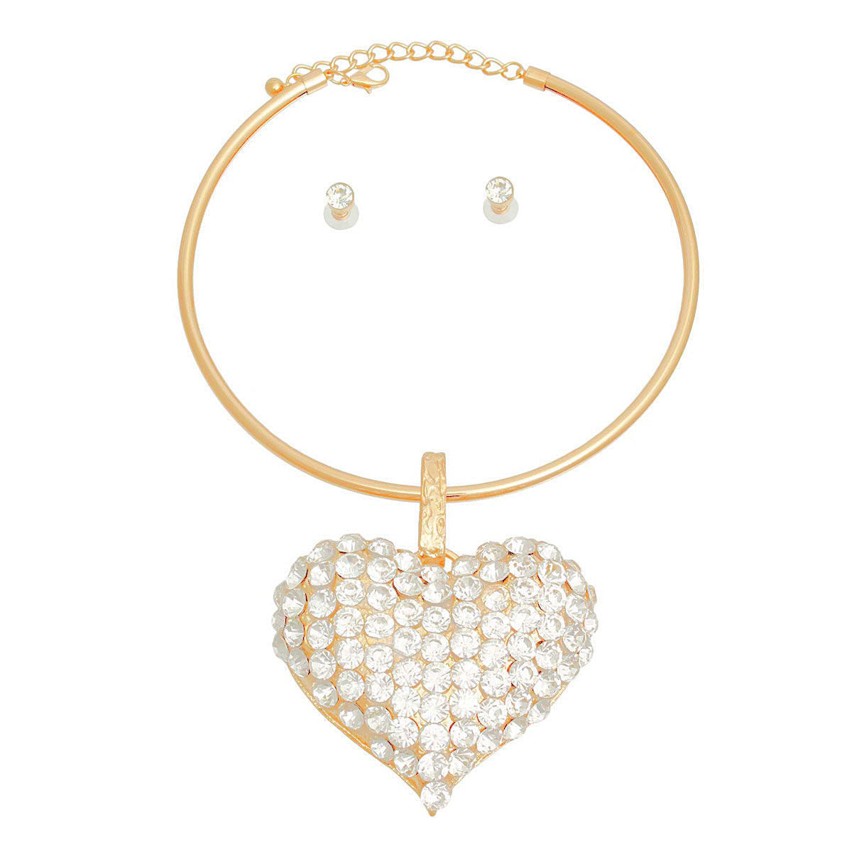 Rigid Collar Necklace XL with Gold Finish and Rhinestone Heart – Statement Jewelry Accessory