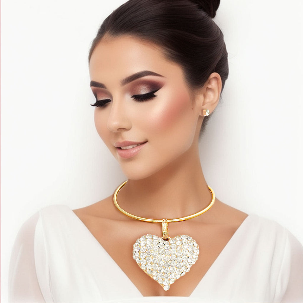 Rigid Collar Necklace XL with Gold Finish and Rhinestone Heart – Statement Jewelry Accessory