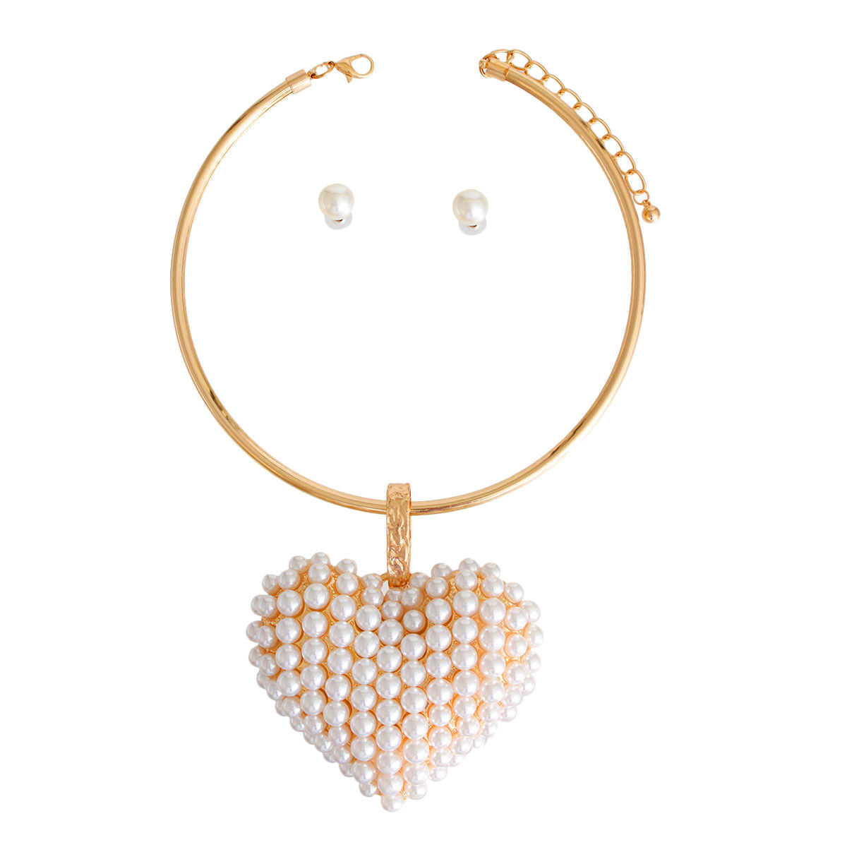 Chunky Statement Necklace with Cream Pearl Domed Heart Pendant Stylish Jewelry Accessory