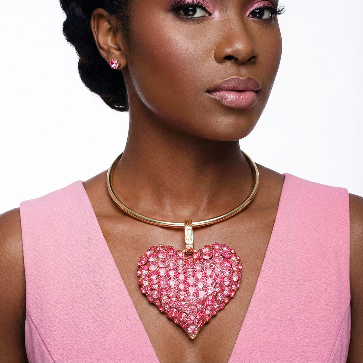 Chunky Statement Necklace with Domed Fuchsia Stone Heart Pendant Stylish Jewelry Accessory