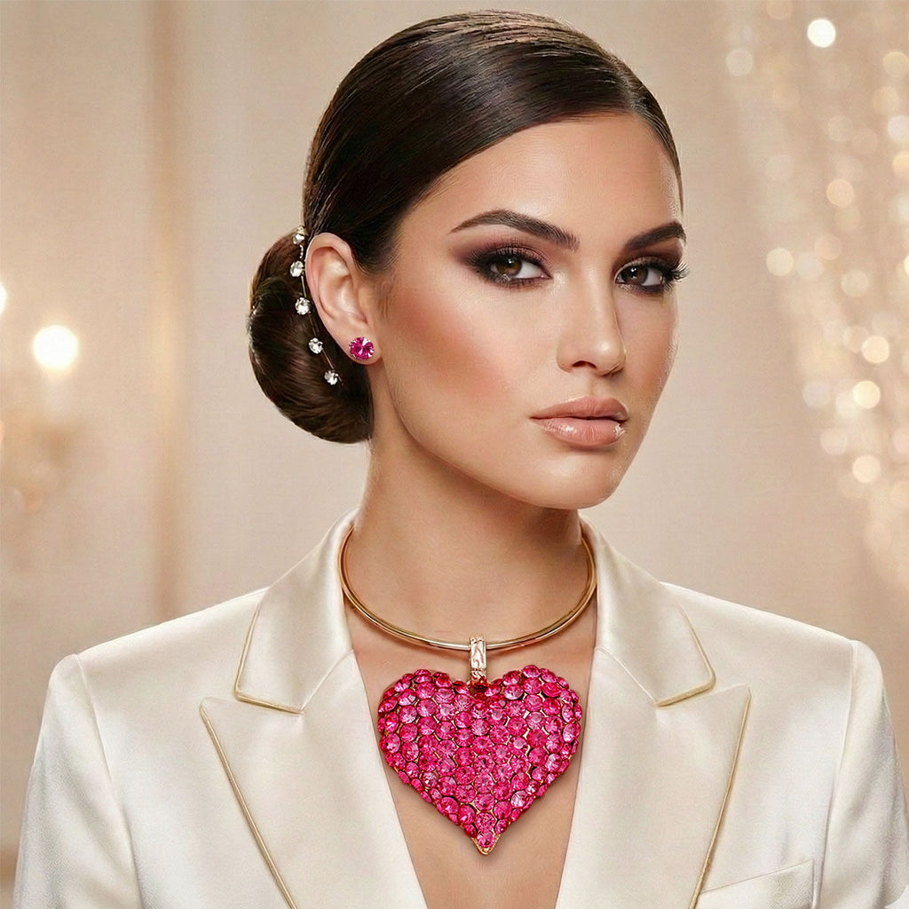Chunky Statement Necklace with Domed Fuchsia Stone Heart Pendant Stylish Jewelry Accessory