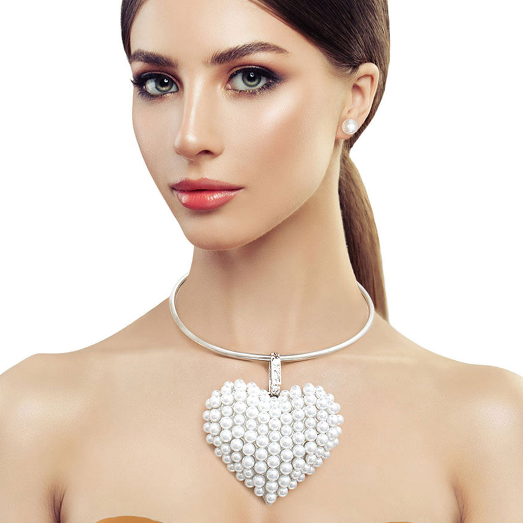 Chunky Statement Necklace with White Pearl Domed Heart Pendant Stylish Fashion Jewelry