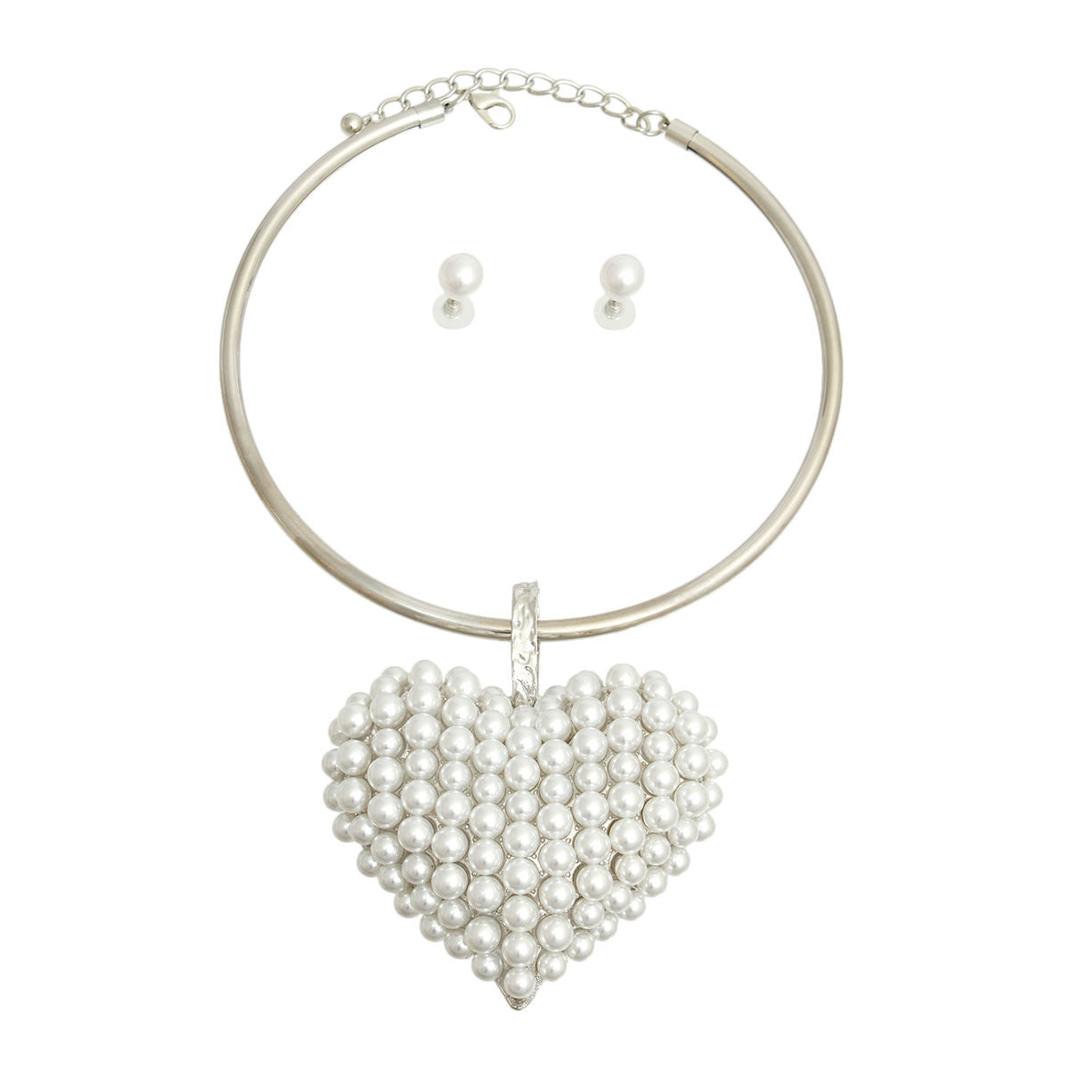 Chunky Statement Necklace with White Pearl Domed Heart Pendant Stylish Fashion Jewelry