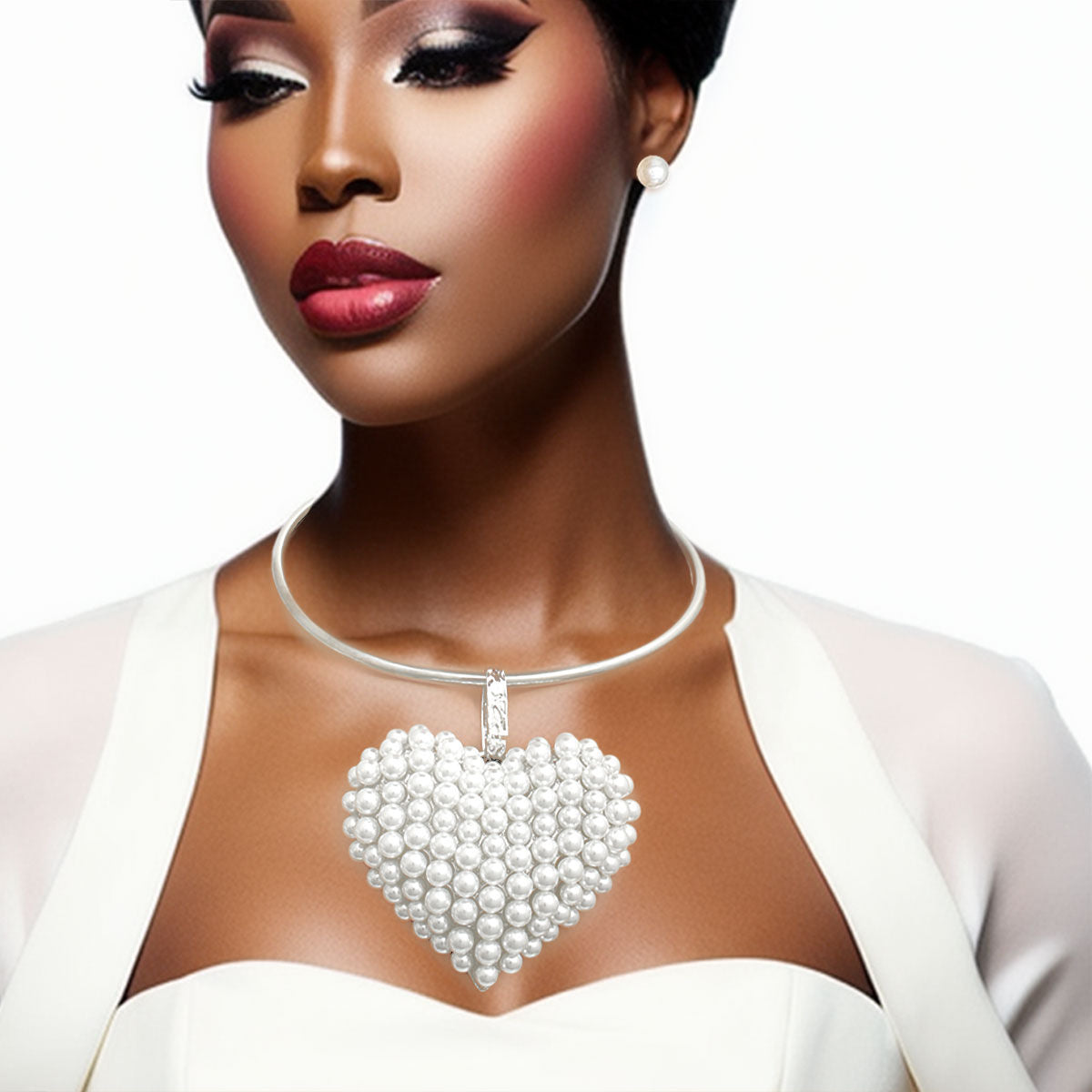 Chunky Statement Necklace with White Pearl Domed Heart Pendant Stylish Fashion Jewelry