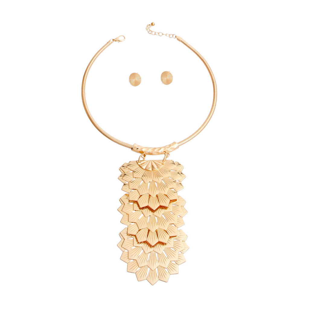 Statement Gold Metal Art Deco Drop Collar Necklace