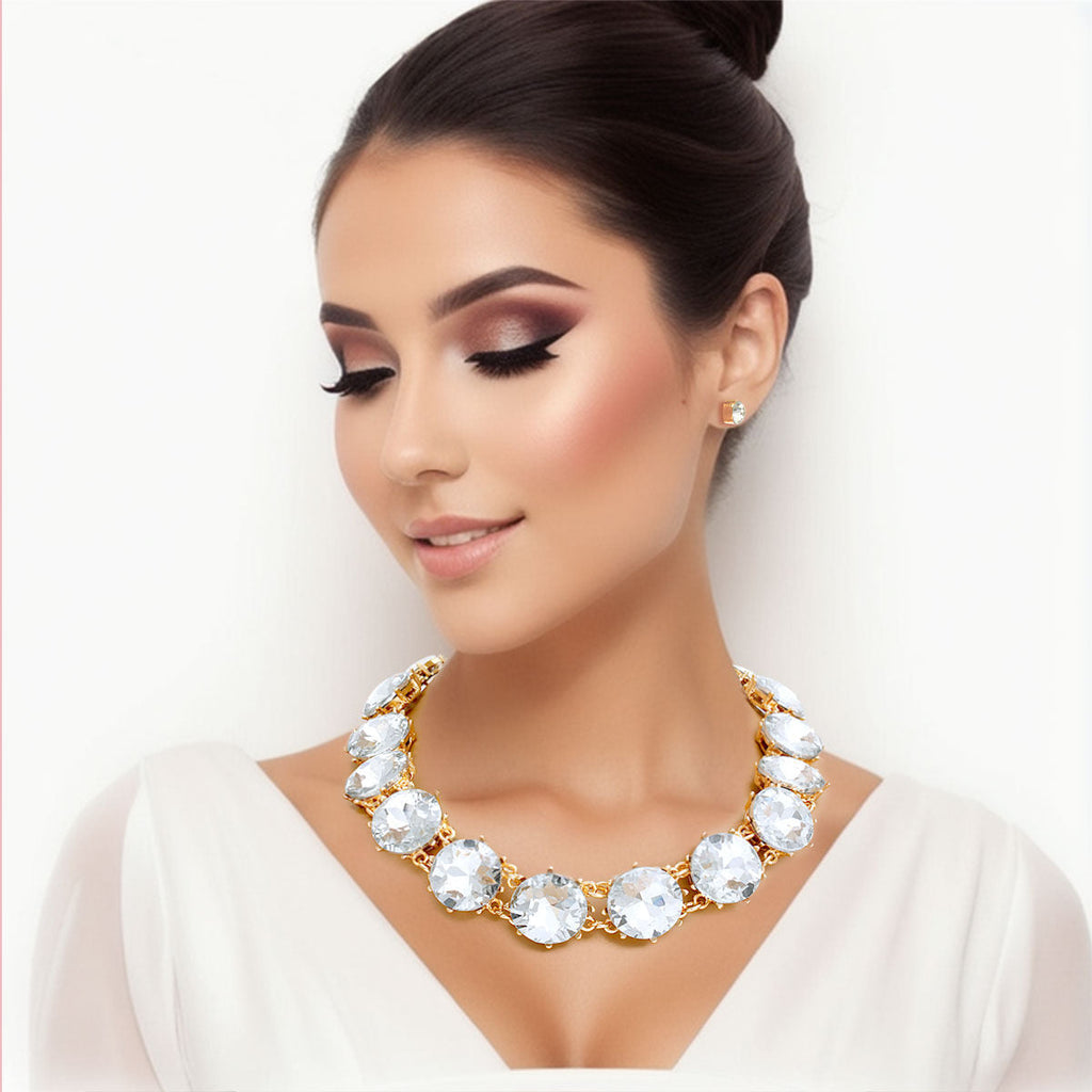 Statement Necklace Gold and Clear Round Crystal Link Stylish Chic Jewelry
