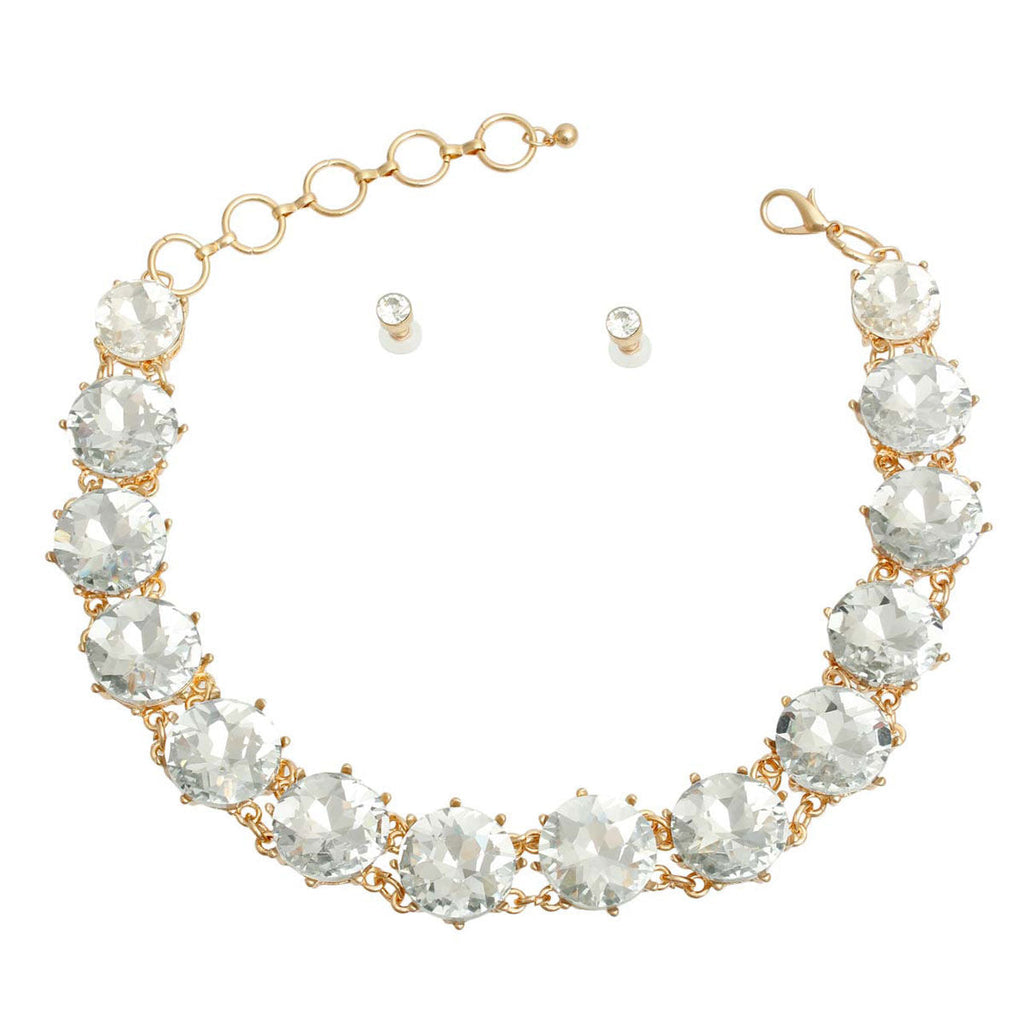 Statement Necklace Gold and Clear Round Crystal Link Stylish Chic Jewelry