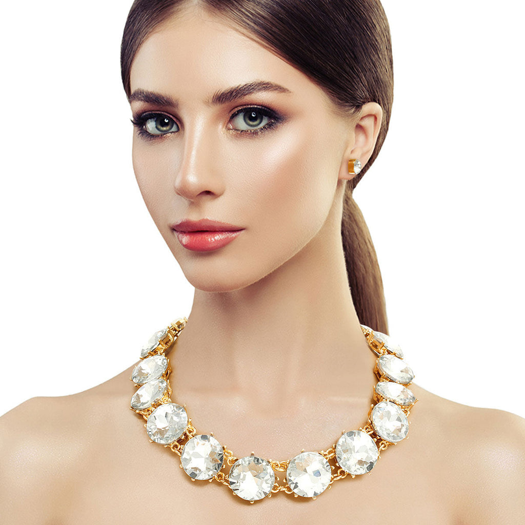 Statement Necklace Gold and Clear Round Crystal Link Stylish Chic Jewelry