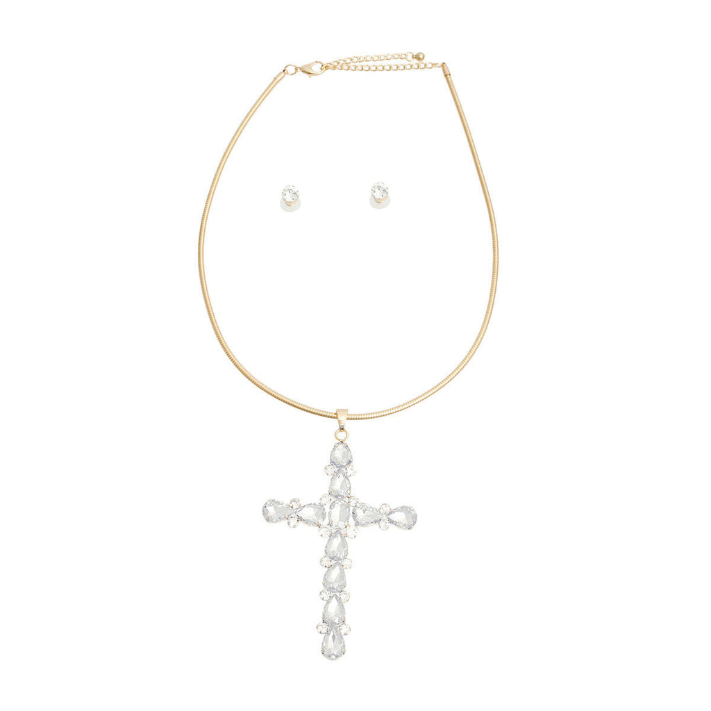 Statement Gold Teardrop Crystal Cross Necklace Elegant Chic Jewelry Accessory