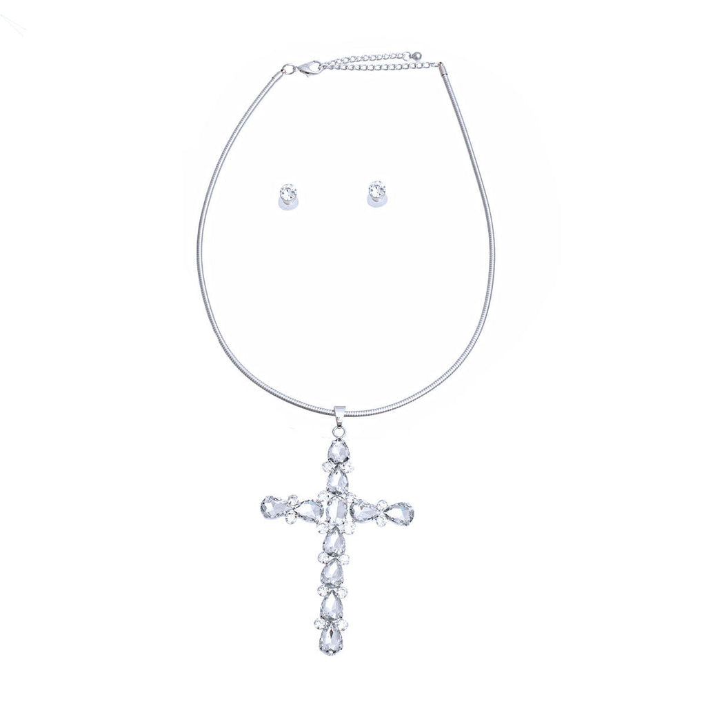 Crystal Cross Necklace Silver Teardrop Stylish Statement Jewelry