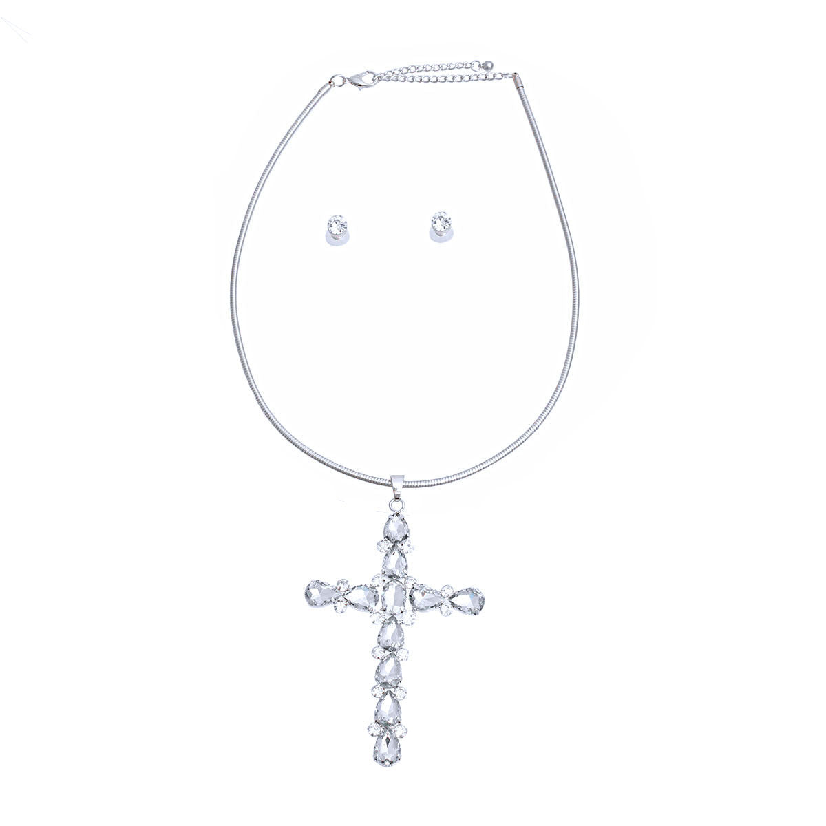 Crystal Cross Necklace Silver Teardrop Stylish Statement Jewelry