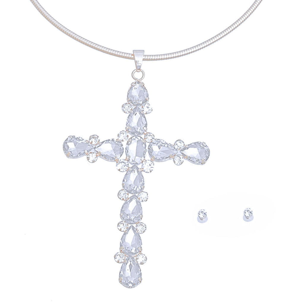 Crystal Cross Necklace Silver Teardrop Stylish Statement Jewelry