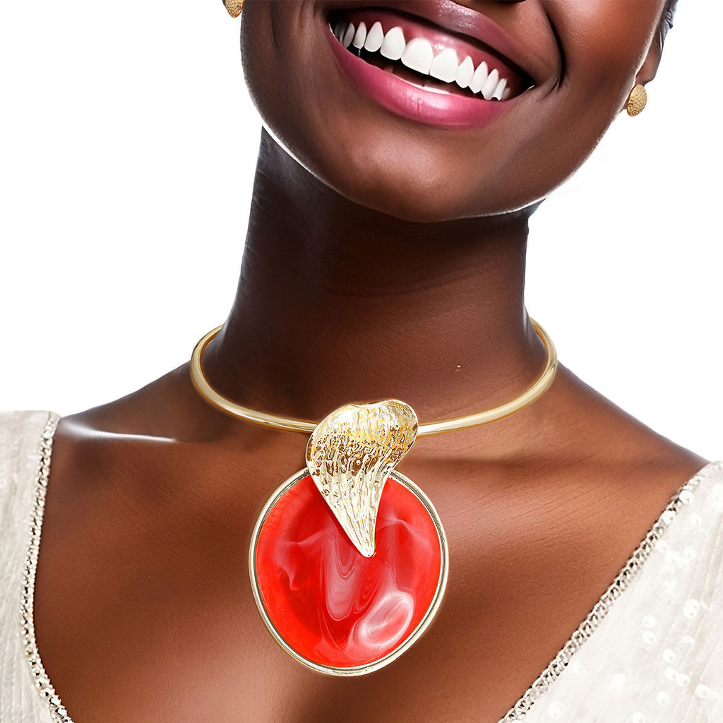 Statement Pendant Set Gold Curved Leaf Red Stylish Jewelry