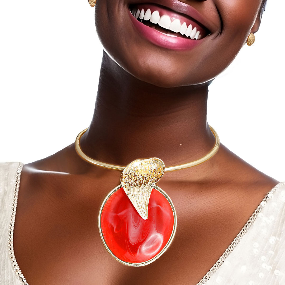 Statement Pendant Set Gold Curved Leaf Red Stylish Jewelry