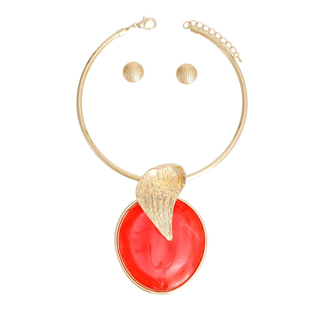 Statement Pendant Set Gold Curved Leaf Red Stylish Jewelry