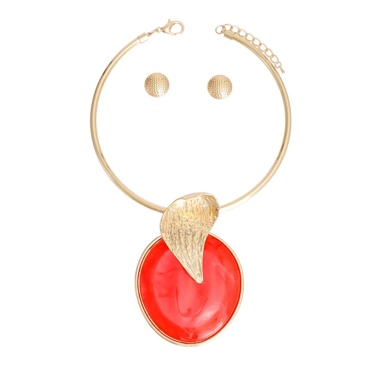 Statement Pendant Set Gold Curved Leaf Red Stylish Jewelry