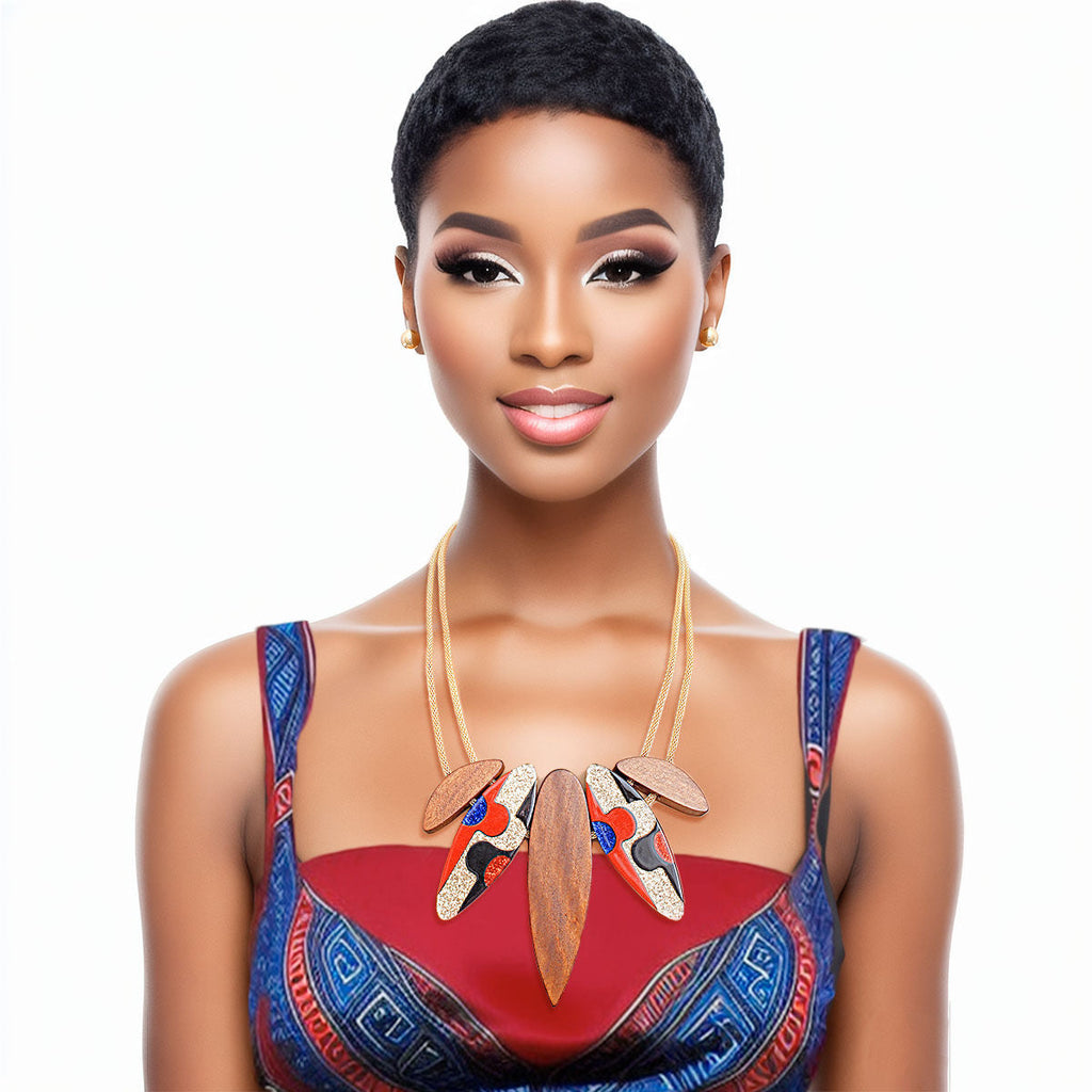 Wood Pendant Necklace Set for Women Stylish Glitter Statement Jewelry
