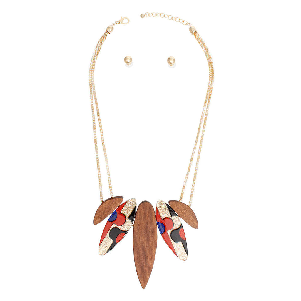 Wood Pendant Necklace Set for Women Stylish Glitter Statement Jewelry