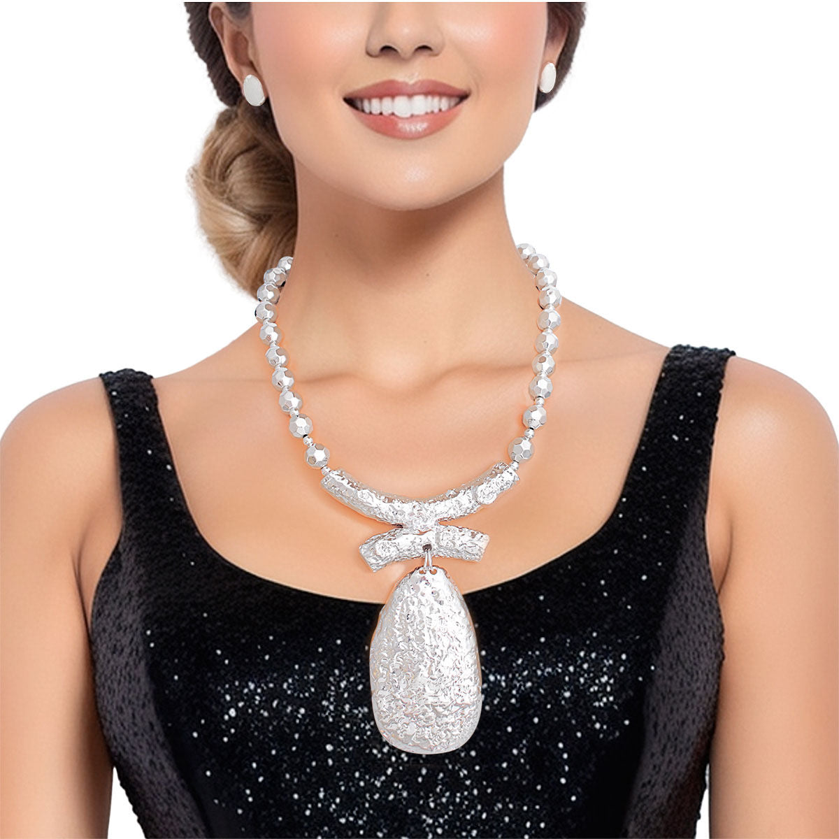 Pendant Necklace Silver Bead Teardrop Stylish Women’s Jewelry