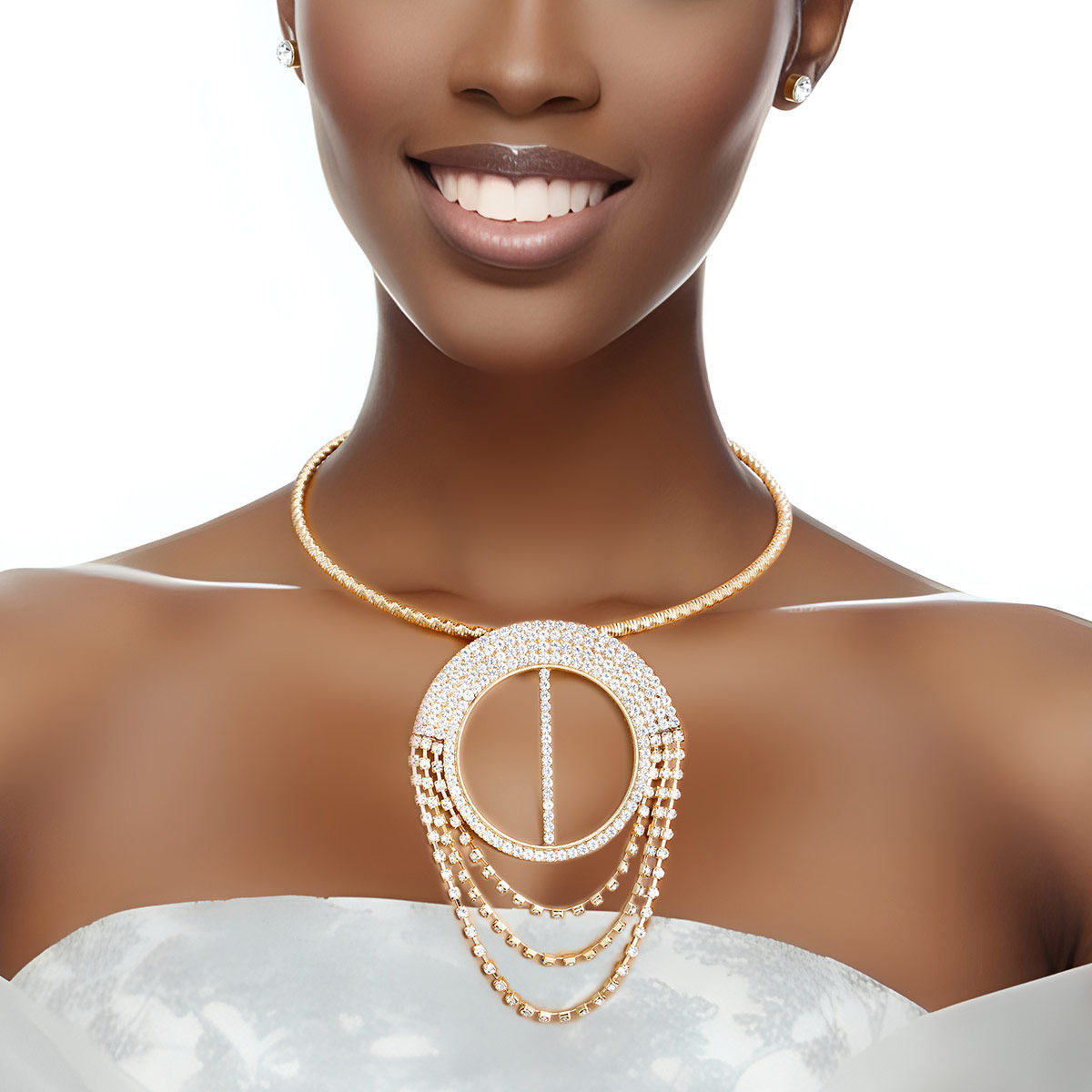 Statement Gold Pave Draped Pendant Necklace Set for Women Stylish Jewelry