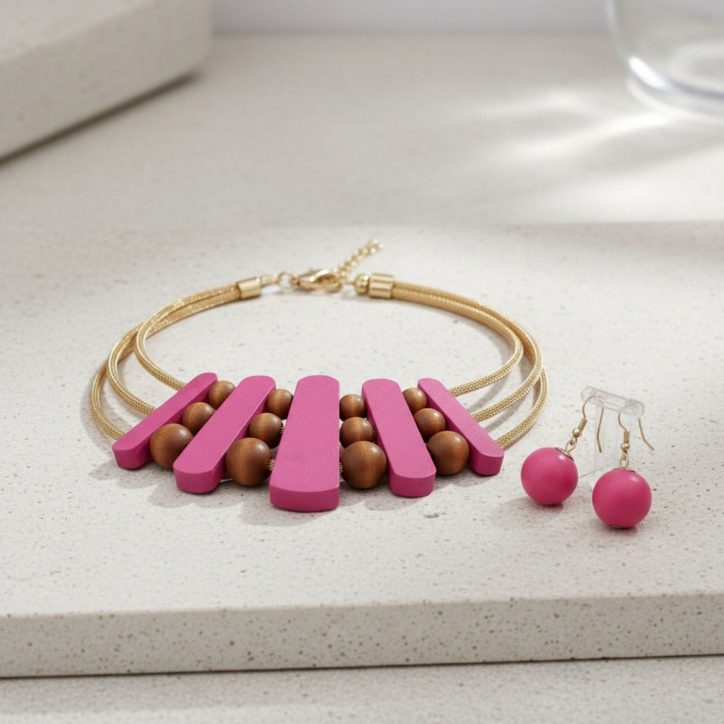 Wood Choker Necklace Set for Women Fuchsia Stylish Statement Jewelry