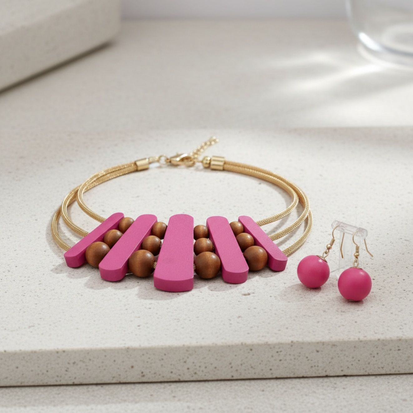Wood Choker Necklace Set for Women Fuchsia Stylish Statement Jewelry