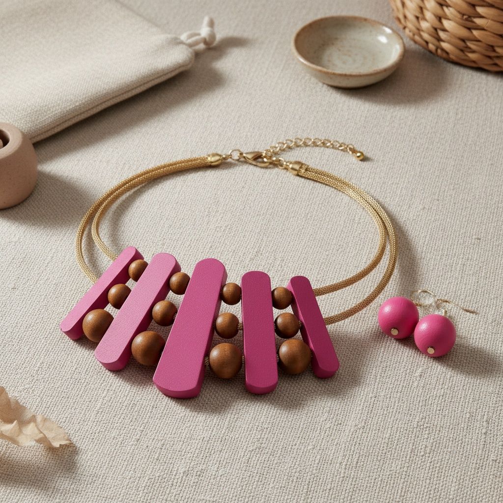 Wood Choker Necklace Set for Women Fuchsia Stylish Statement Jewelry