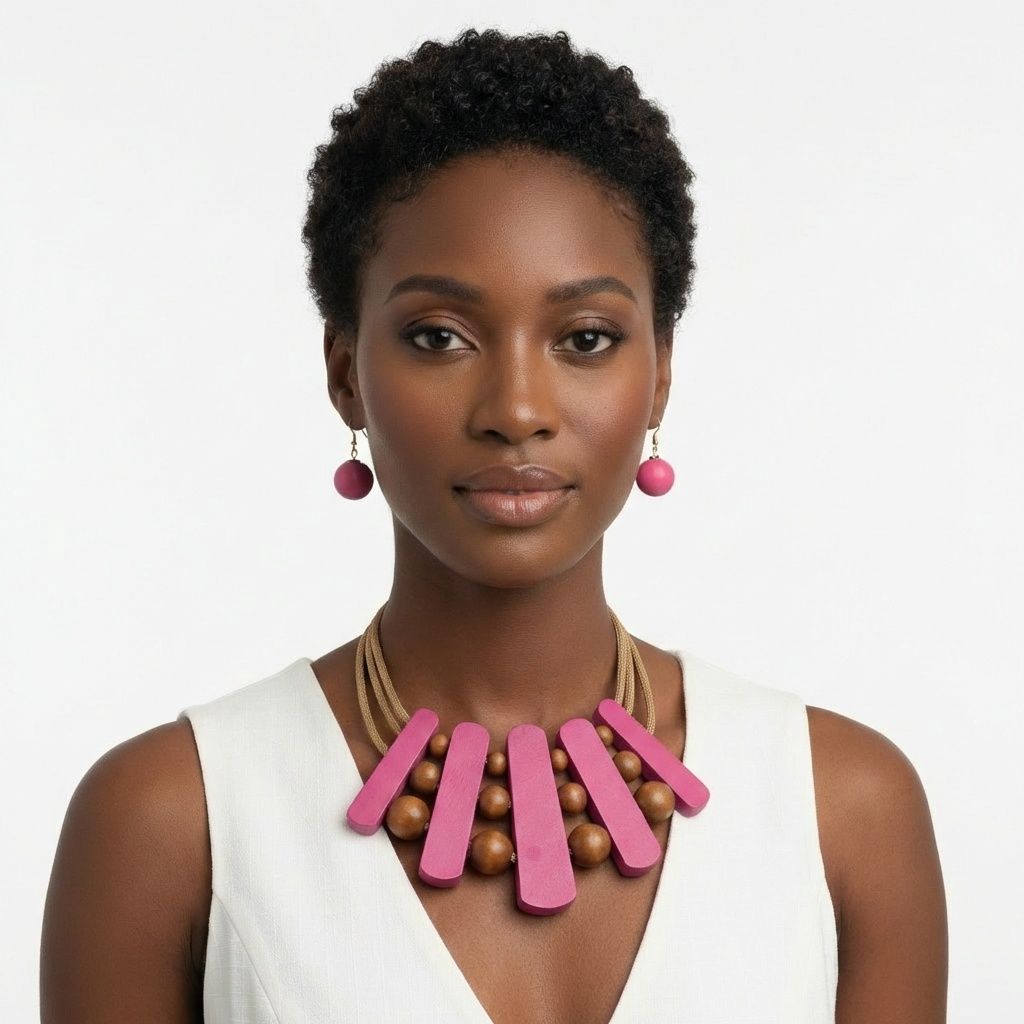 Wood Choker Necklace Set for Women Fuchsia Stylish Statement Jewelry
