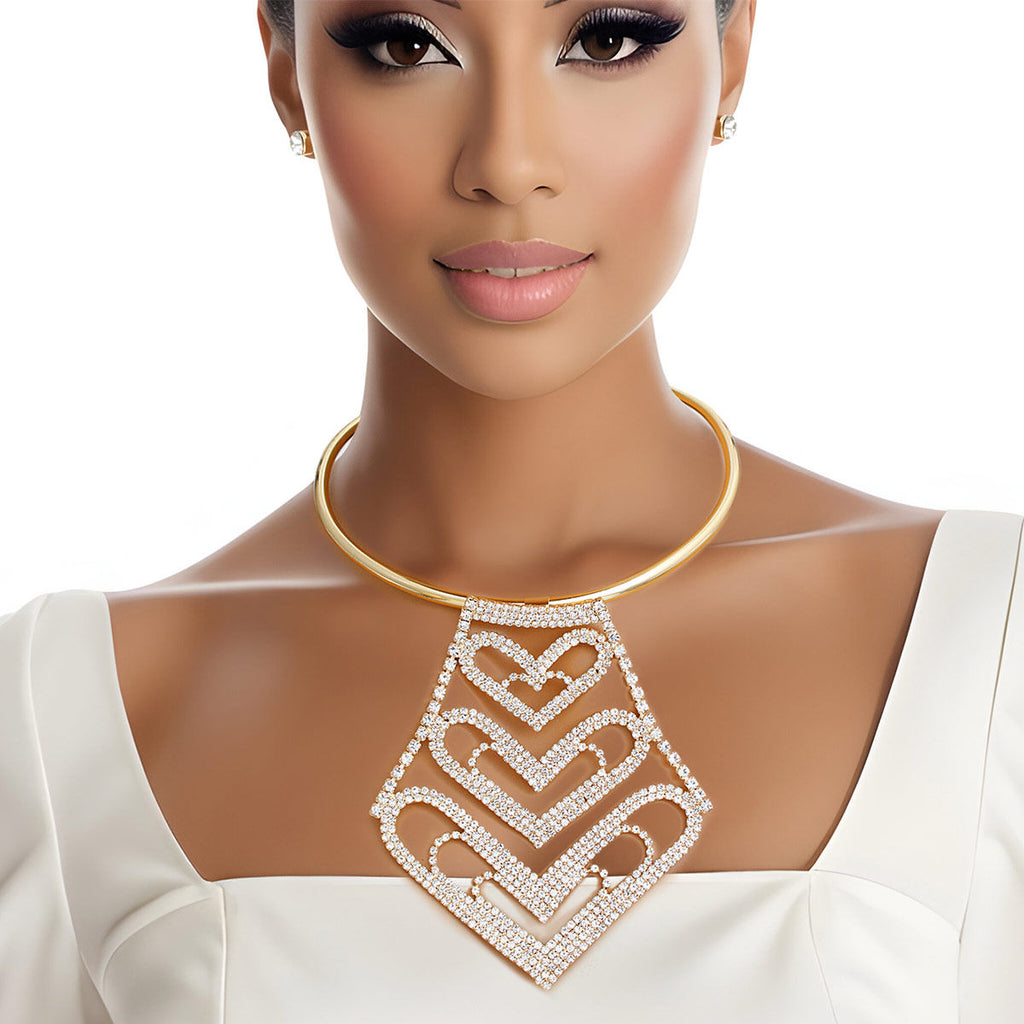 Statement Choker Necklace Gold Rigid Rhinestone Heart for Women Stylish Jewelry