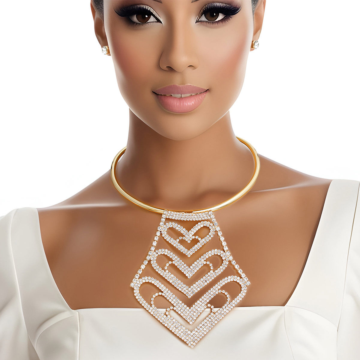 Statement Choker Necklace Gold Rigid Rhinestone Heart for Women Stylish Jewelry