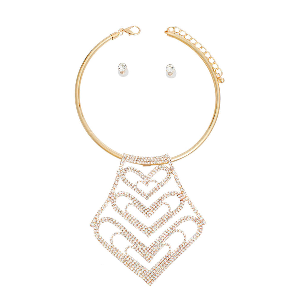Statement Choker Necklace Gold Rigid Rhinestone Heart for Women Stylish Jewelry