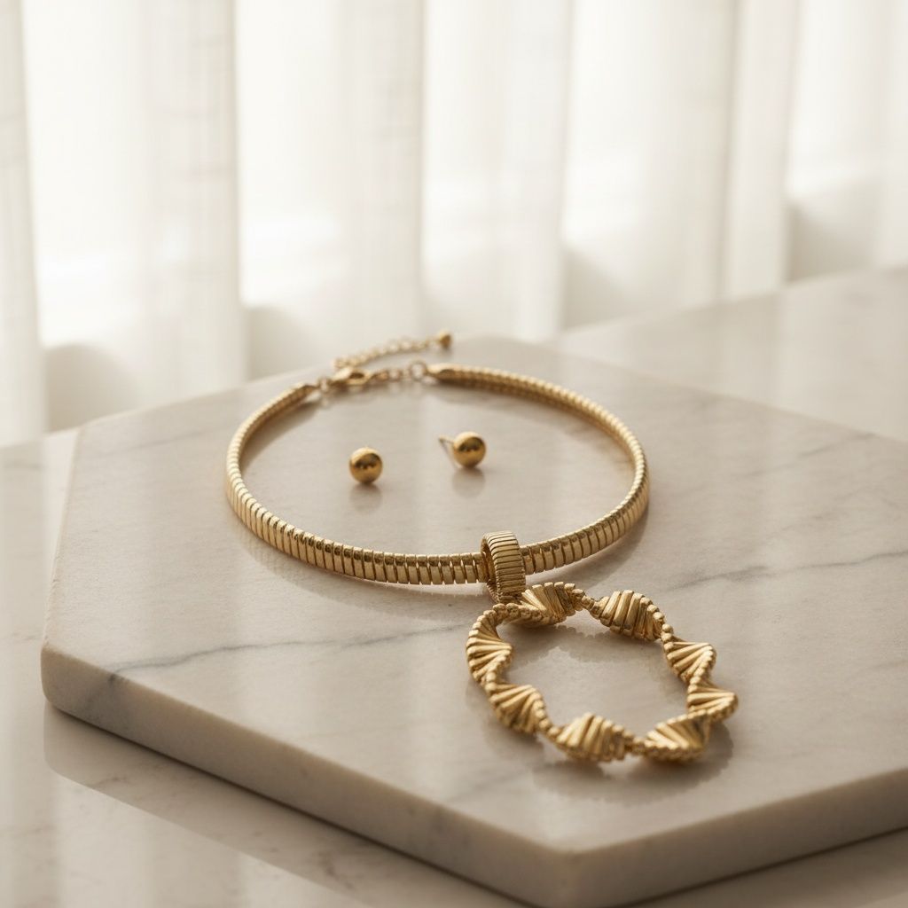 Statement Necklace Gold Ribbed Link Twisted Pendant Choker Stylish Elegant