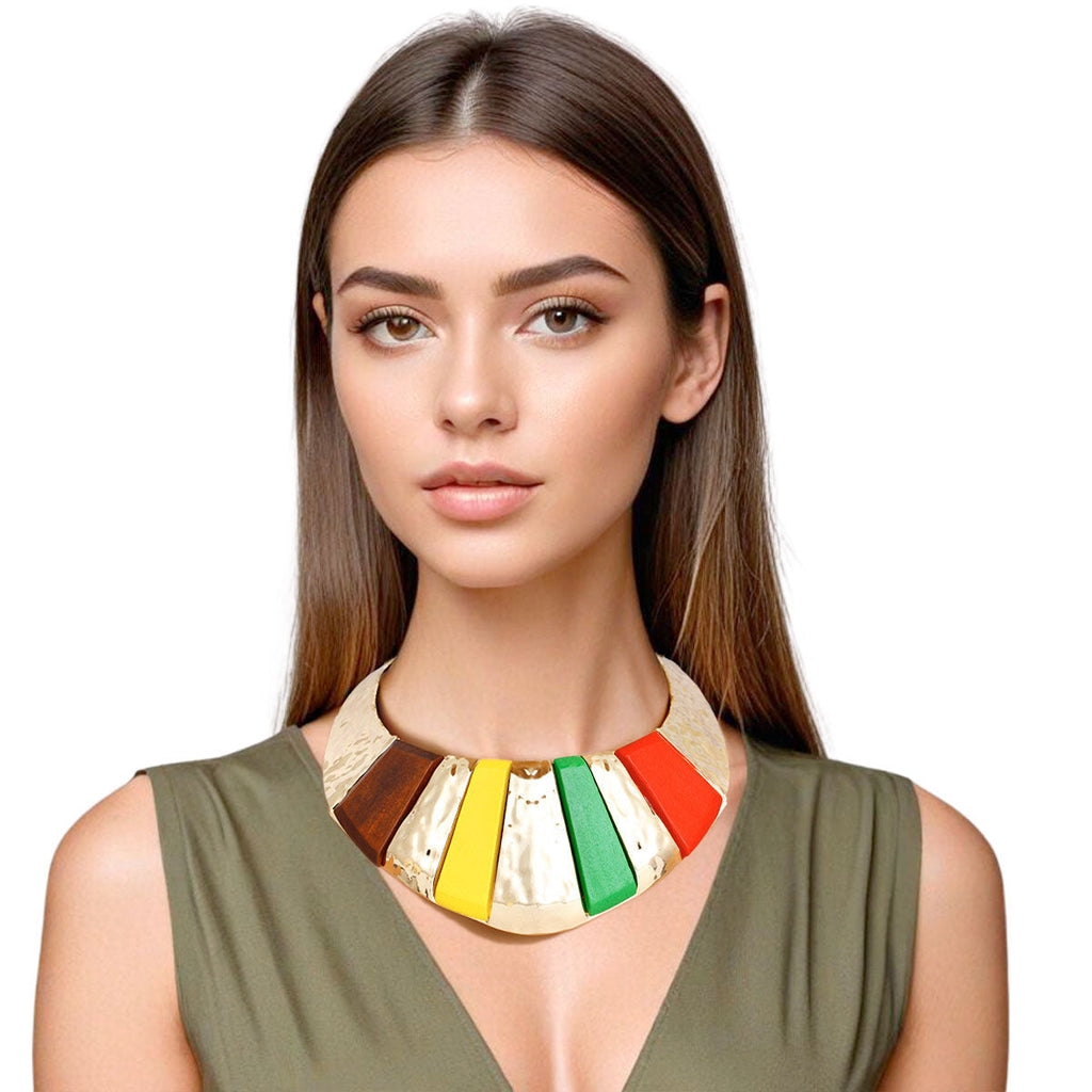 Statement Collar Necklace Bold Multicolor Wood Gold Armor Design