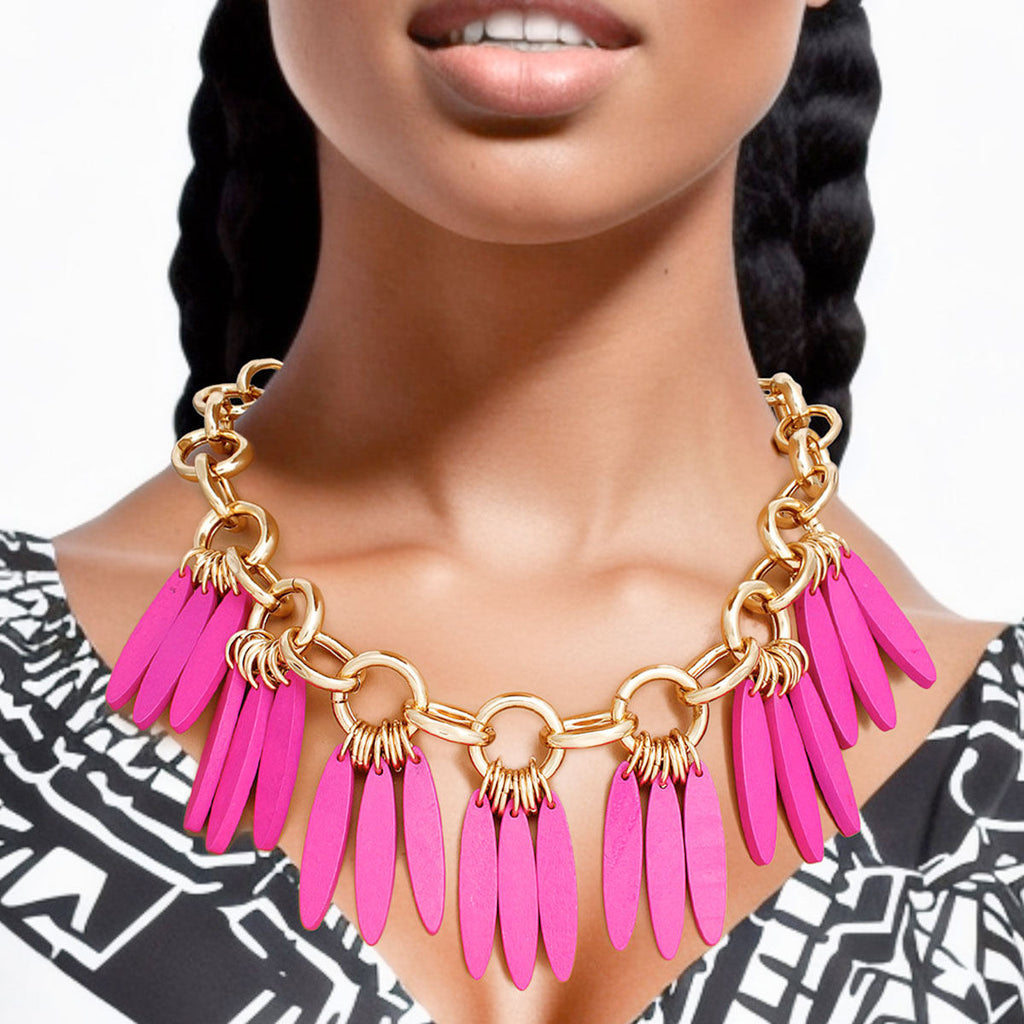 Statement Necklace Tribal Purple Wood Fringe for Women Stylish Chic Accessory